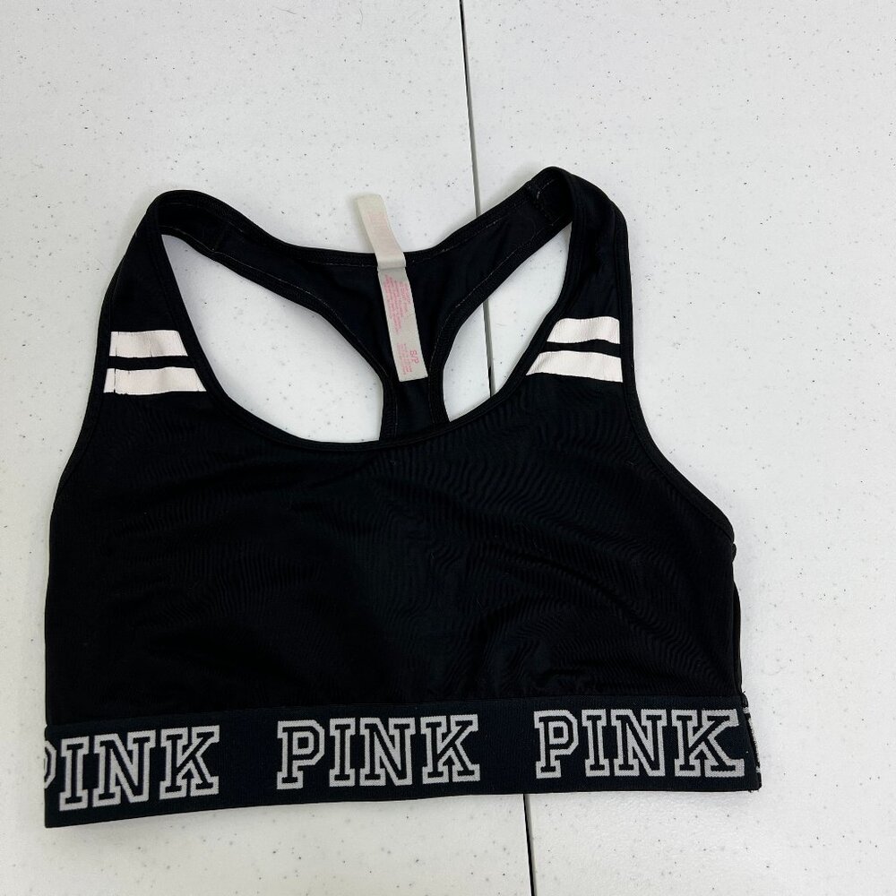 PINK Victorias Secret Sports‎ Bra S Black White Logo Racerback Yoga Workout